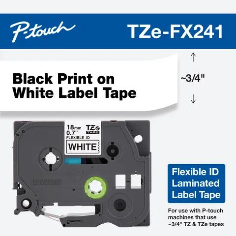 Cartucho de cinta de etiquetas laminada flexible Brother TZe-FX241 con texto negro sobre blanco, 18 mm
