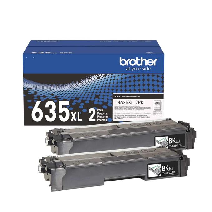 Brother TN635XL high-yield black toner cartridges 2-pack with packaging