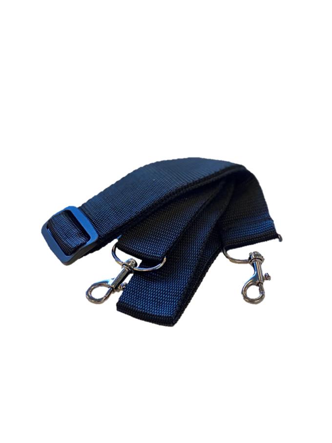 Adjustable navy blue shoulder strap with metal clips and buckle closure