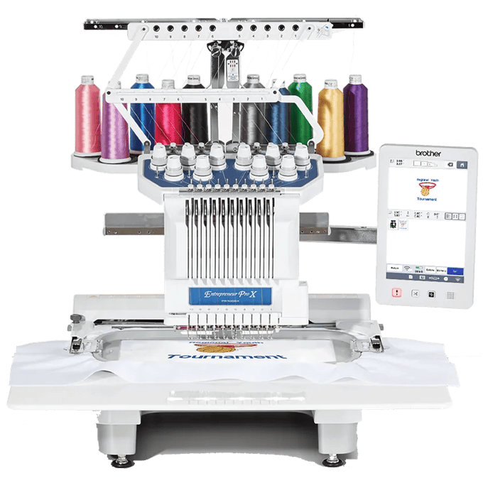 Brother PR1055X embroidery machine with 10-needle system and colorful thread spools