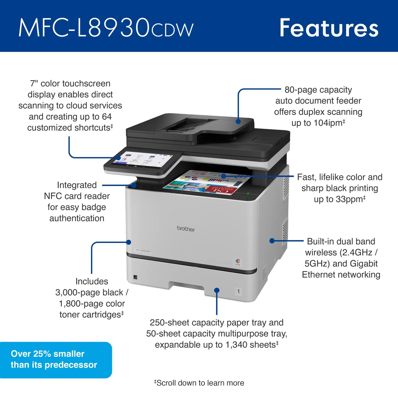 Brother MFC-L8930CDW color laser all-in-one printer with touchscreen and wireless connectivity