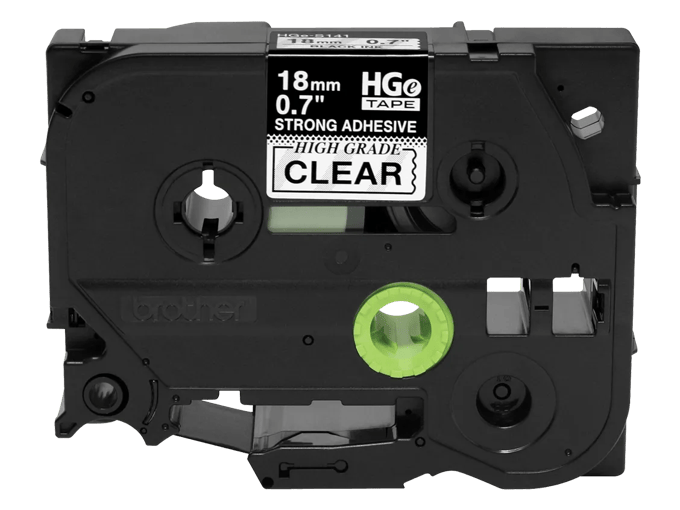 Brother HGe 18mm clear label tape cartridge with strong adhesive on black background