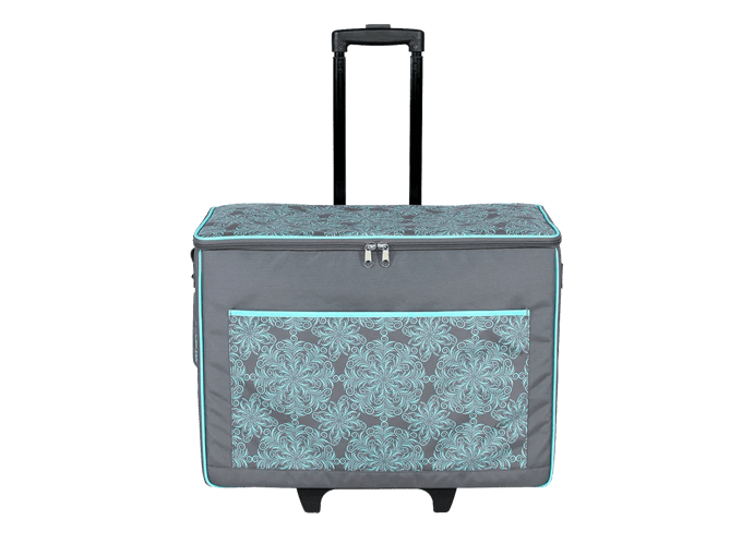 Brother rolling tote bag in gray with turquoise floral pattern and telescoping handle