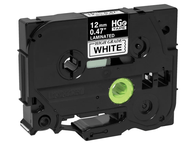 Brother HGe-231 12mm laminated label tape cartridge in white with black text