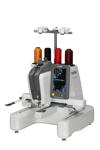 Brother embroidery machine with touchscreen and multi-color thread spools on white background