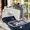 Brother PR1X embroidery machine stitching decorative design on denim fabric with touchscreen display