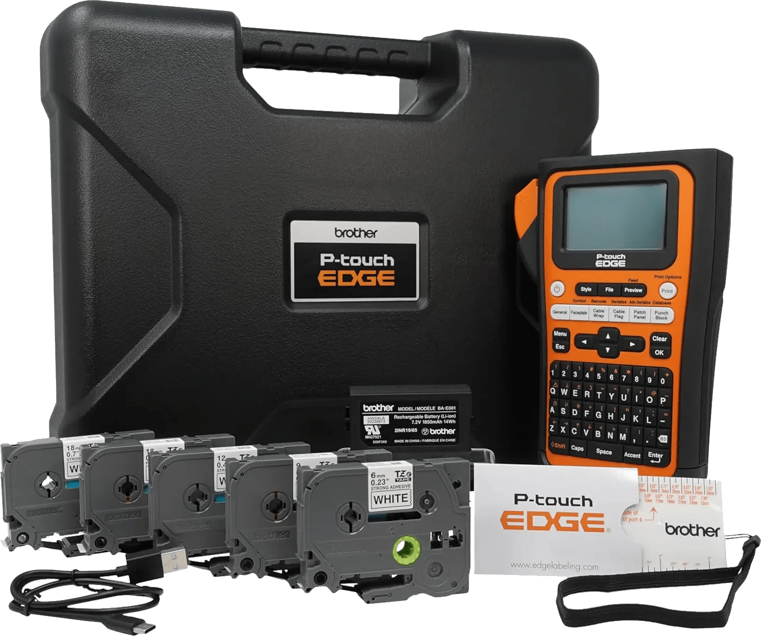 Brother P-touch EDGE label maker with carrying case, tape cartridges, and rechargeable battery pack
