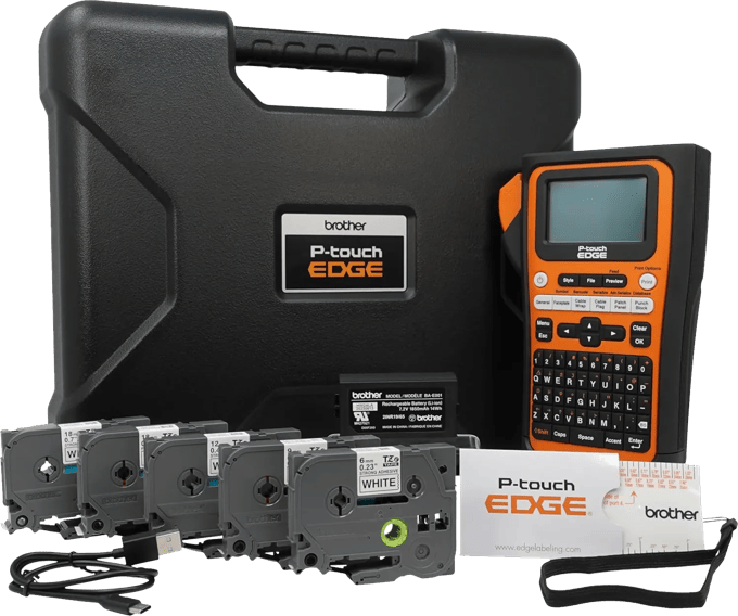 Brother P-touch EDGE label maker with carrying case, tape cartridges, and rechargeable battery pack
