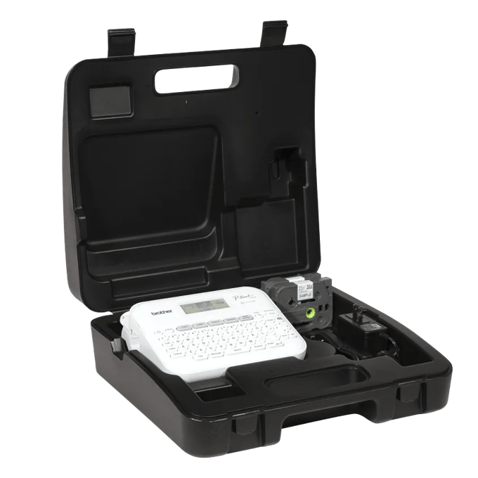 Brother PTD410 portable label maker with tape cartridge in hard-shell carrying case