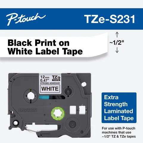 Cartucho de cinta para etiquetas laminada extra resistente Brother TZe-S231 negro sobre blanco