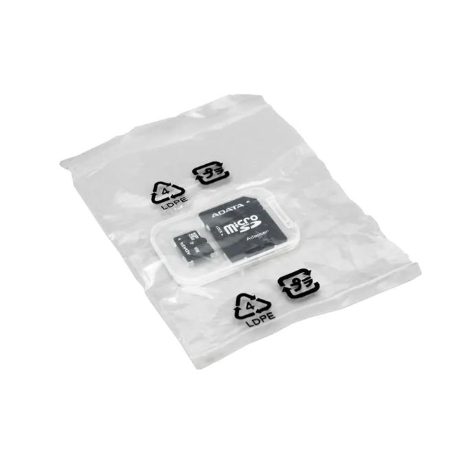ADATA micro SD card with adapter in clear plastic case on recyclable LDPE bag