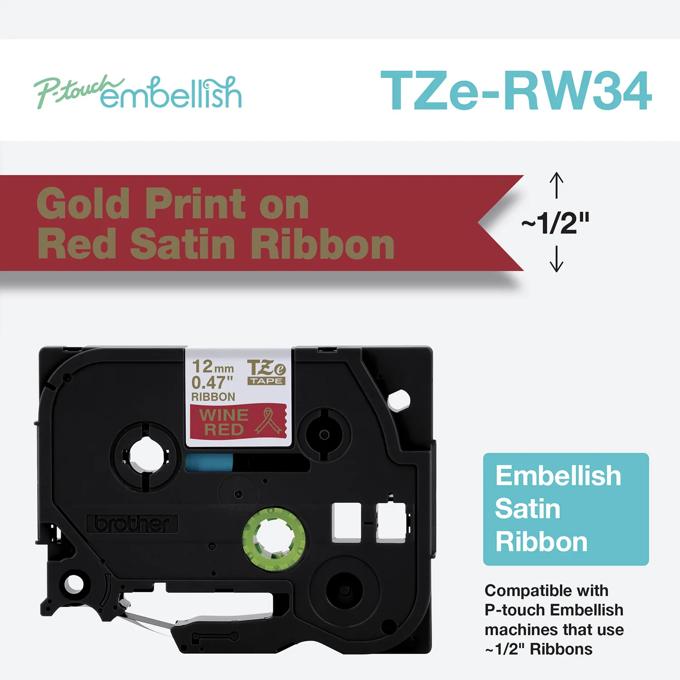 Brother TZe-RW34 embellish satin ribbon tape with gold print on wine red, 1/2-inch width