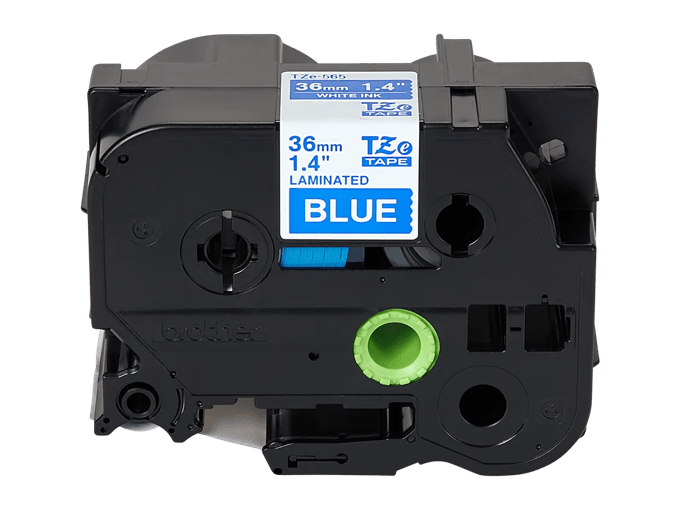 Brother TZe-565 laminated label tape cartridge, 36mm, blue with white ink