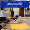 Brother label printer on office desk with person printing address label