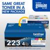 Brother Genuine TN223 4-pack toner cartridges in new packaging with color indicators
