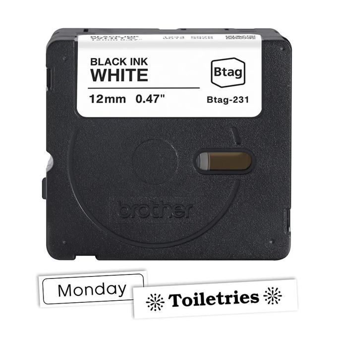 Brother Btag-231 label tape cartridge with black ink on white, 12mm width