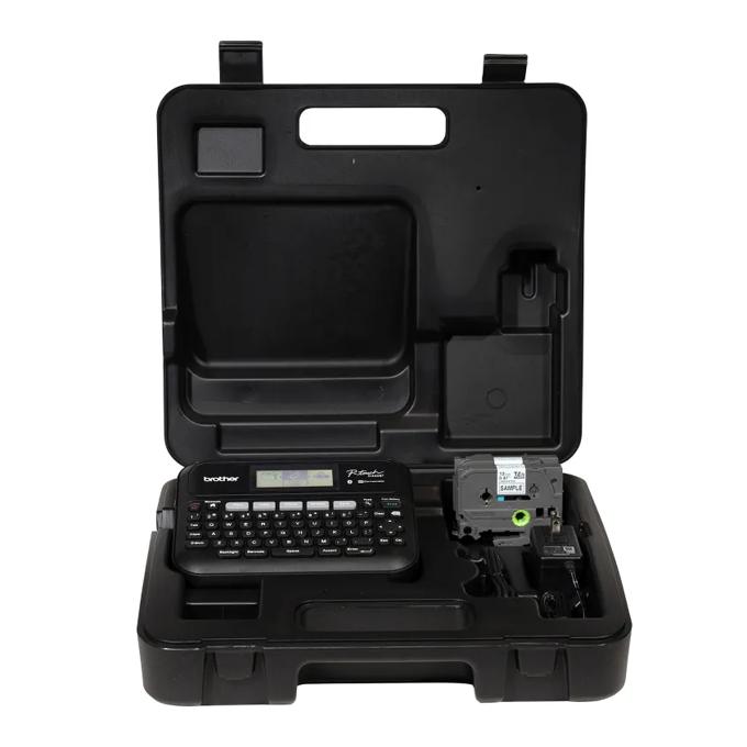 Brother P-touch label maker with QWERTY keyboard and tape cartridge in hard carrying case