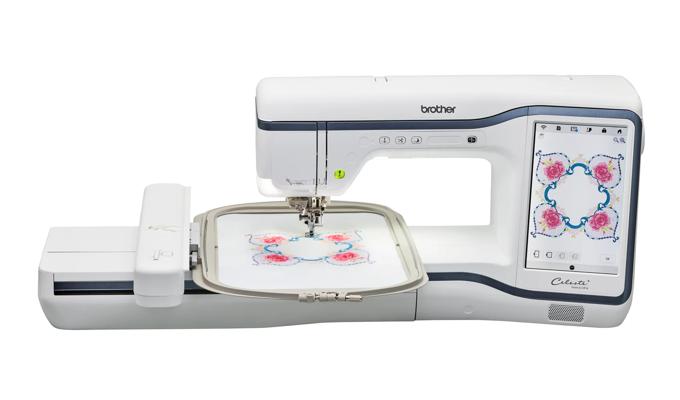 Brother Céleste embroidery machine with touchscreen displaying floral design being stitched