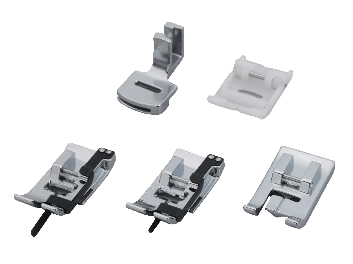 Brother sewing machine presser feet set with five metal and plastic attachments