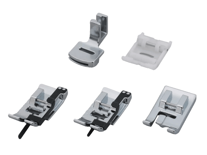 Brother sewing machine presser feet set with five metal and plastic attachments