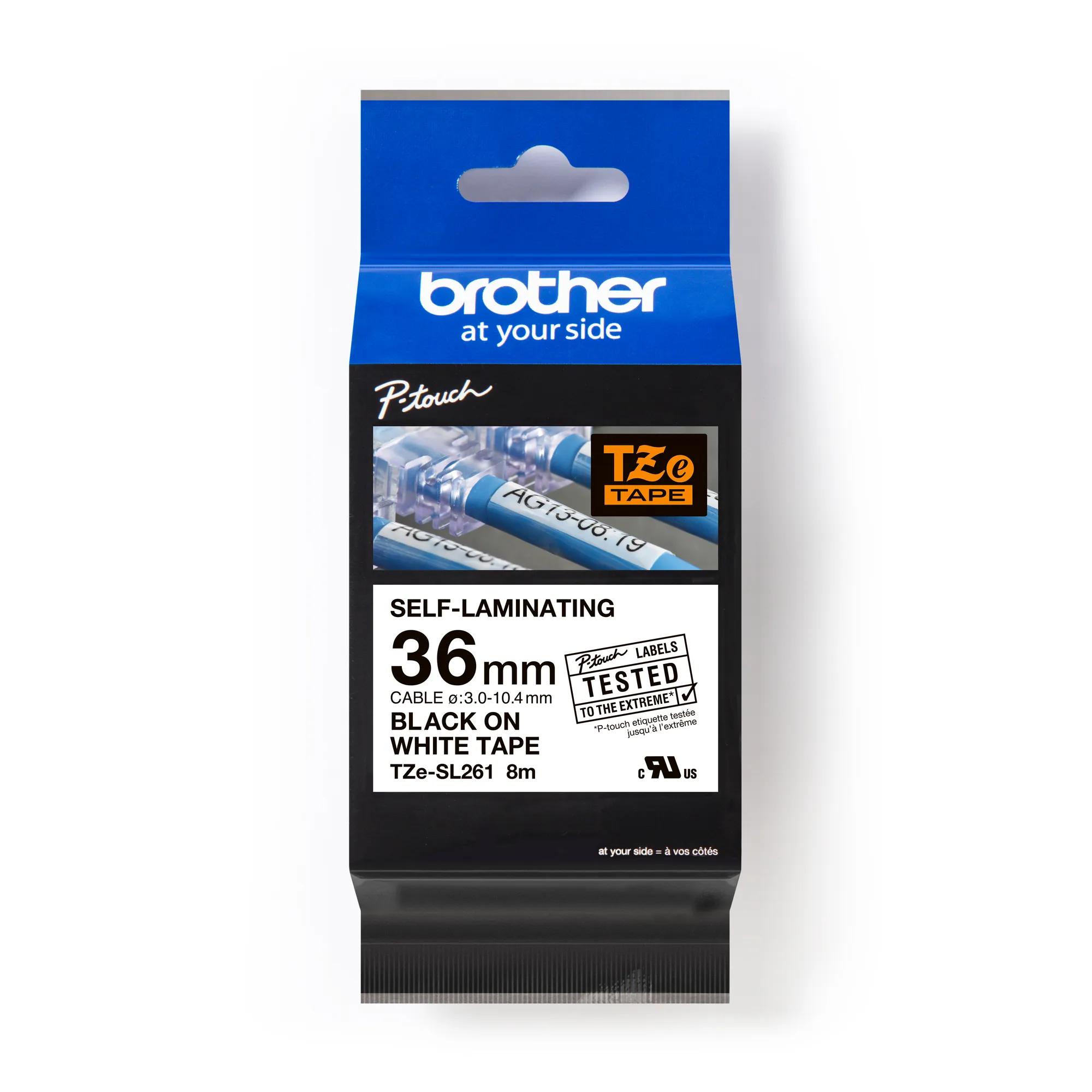 Brother TZe-SL261 36mm self-laminating label tape in black on white for cable labeling