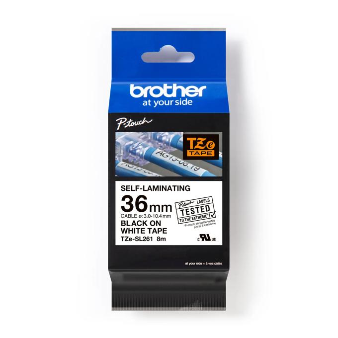 Brother TZe-SL261 36mm self-laminating label tape in black on white for cable labeling