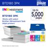 Brother BTD180 3-pack ink cartridges in cyan, magenta, and yellow with printed pages