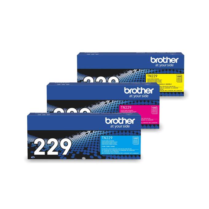 Brother TN229 high-yield color toner cartridge 3-pack in cyan, magenta, and yellow