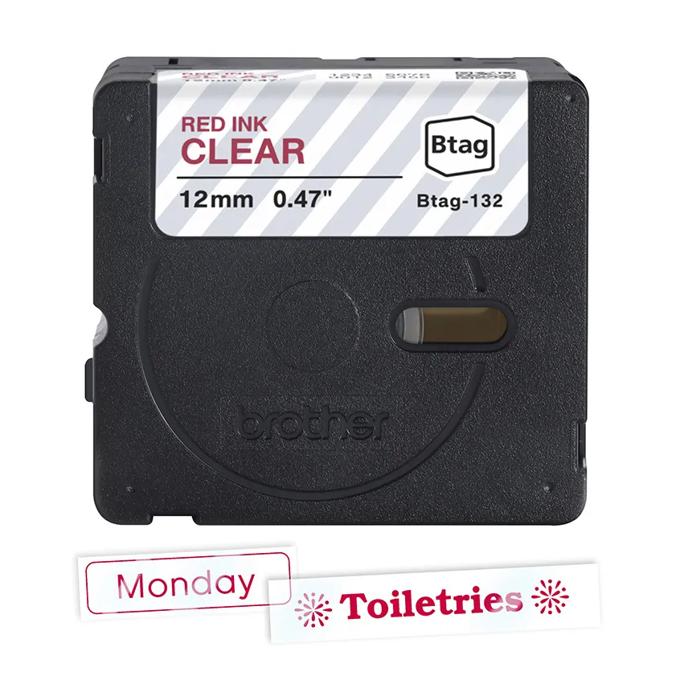 Brother Btag-132 labeling tape cartridge with clear background and red ink, 12mm width