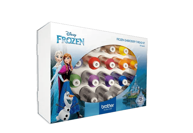 Brother Disney Frozen embroidery thread kit with 15 colorful spools in product box