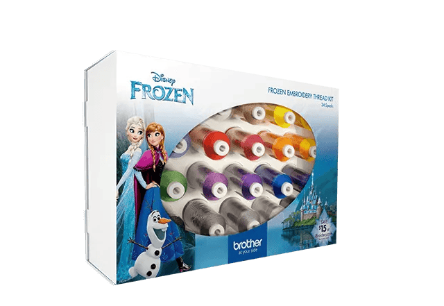 Brother Disney Frozen embroidery thread kit with 15 colorful spools in product box