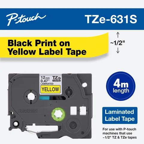 Brother TZe-631S laminated label tape cartridge with black text on yellow, 1/2-inch width