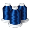 Three spools of Brother royal blue embroidery thread on white bases