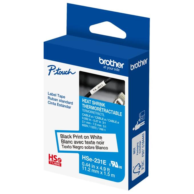 Brother HSe-231E heat-shrink tube label tape, black on white, 0.44 inch width