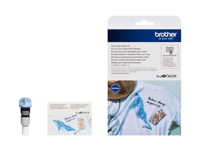 Brother ScanNCut DX vinyl auto blade kit with packaging and crafted vinyl designs