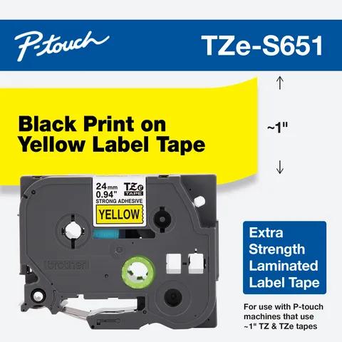 Cartucho de cinta para etiquetas laminada resistente Brother TZe-S651 negro sobre amarillo 1 pulgada