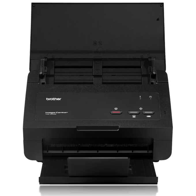 Brother ADS-2000E compact desktop document scanner with open lid and automatic document feeder