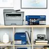 Brother all-in-one laser printer with TN760 toner cartridge 2-pack on home office shelf