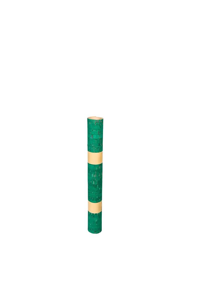 Emerald green cork fabric roll with silver metallic pattern and gold bands