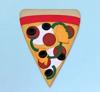 Colorful pizza slice illustration with toppings on light blue background