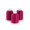 Three garnet rose embroidery thread spools on white bases