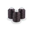Three charcoal embroidery thread spools on white bases