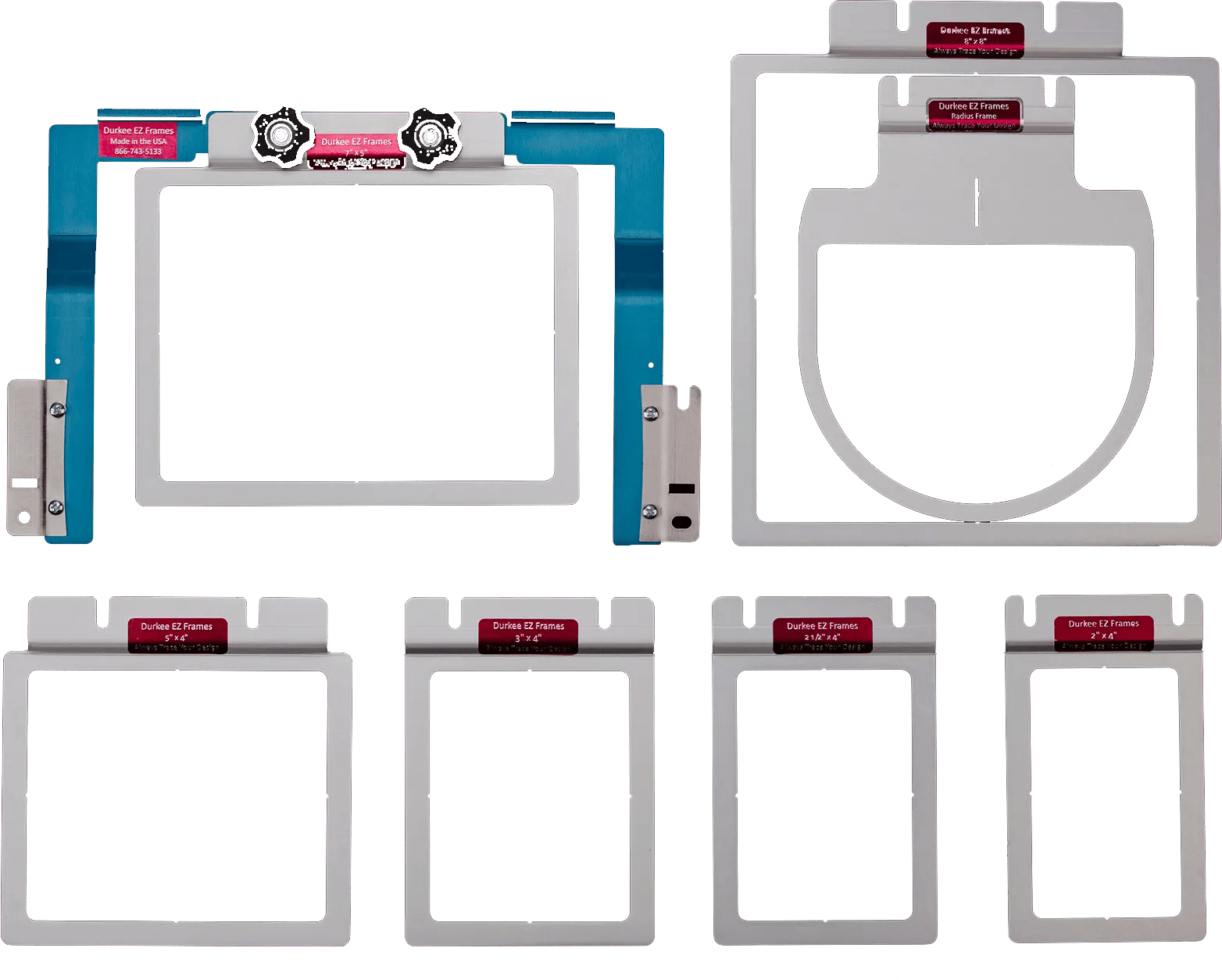 Brother Durkee EZ embroidery frames in various sizes and hoop shapes
