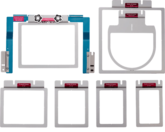 Brother Durkee EZ embroidery frames in various sizes and hoop shapes