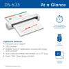 Brother DS-635 portable scanner with document showing fast scanning and USB-powered features
