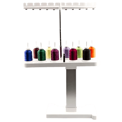 Brother SA503 embroidery thread stand with ten colorful thread spools and tension guides