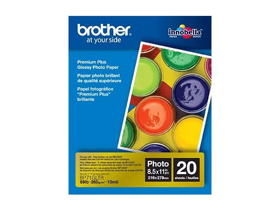 Brother Premium Plus glossy photo paper package with colorful paint cans, 8.5x11 inches, 20 sheets
