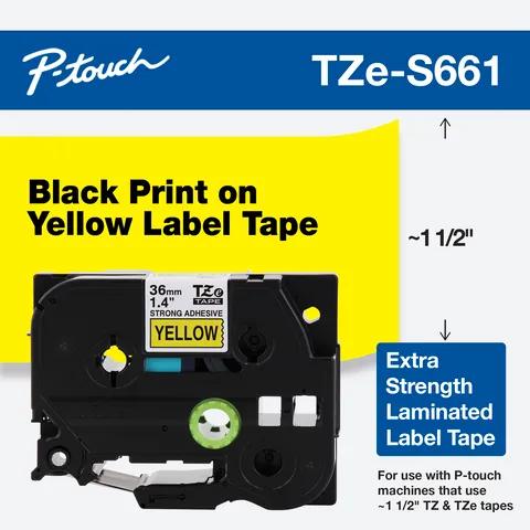 Cartucho de cinta Brother TZe-S661 con texto negro sobre amarillo, laminado extra fuerte