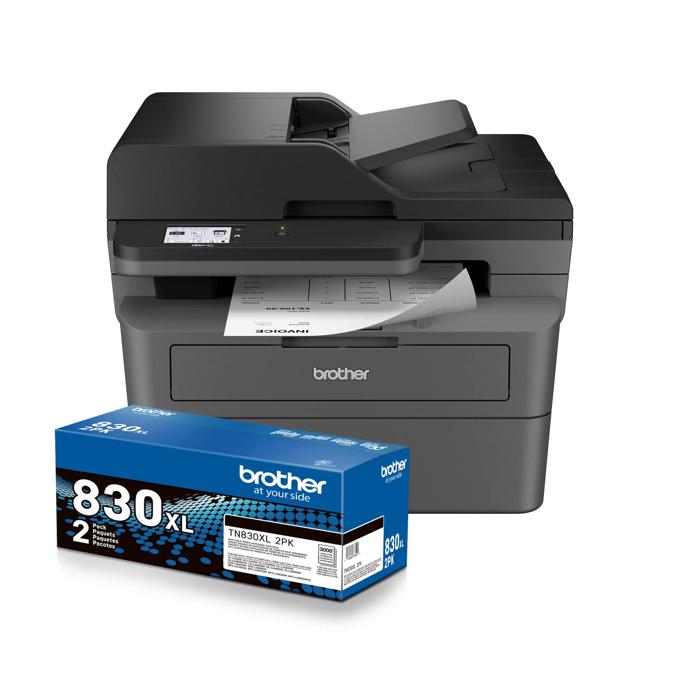 Brother MFC-L2820DW monochrome all-in-one laser printer with TN830XL toner cartridge 2-pack
