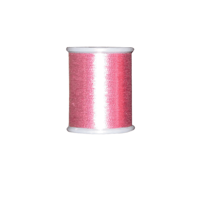 Brother pink metallic embroidery thread spool on white background